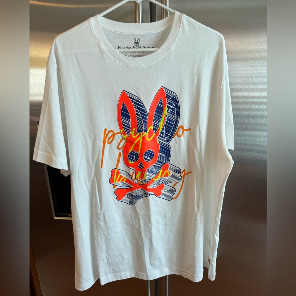 Psycho Bunny White Tee Shirt Neon Orange / Blue Men’s Size 1XL